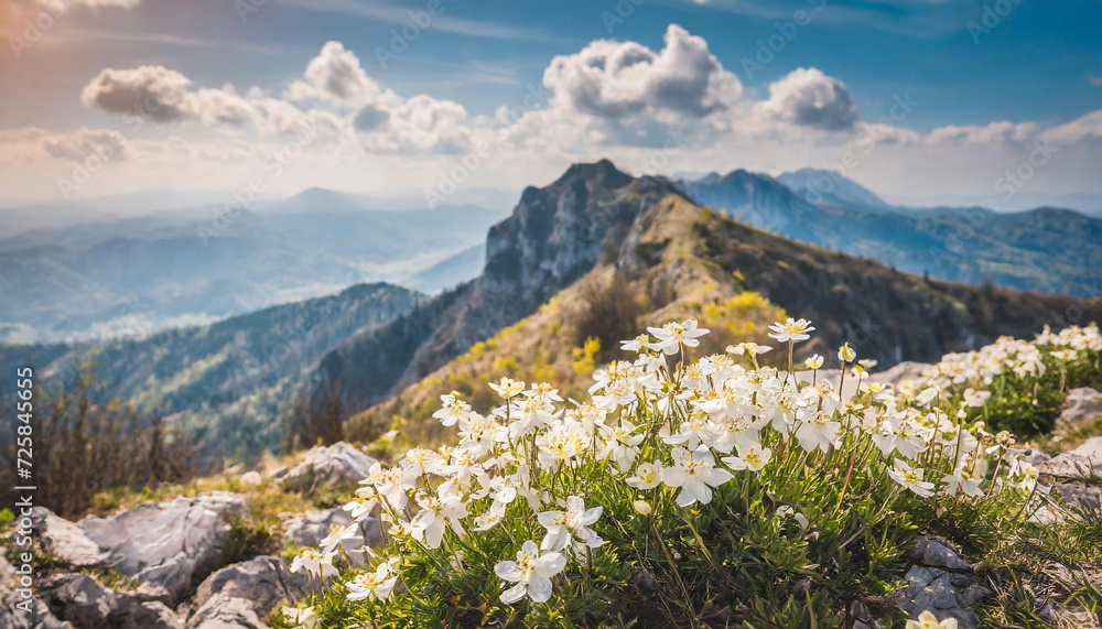 Fototapeta premium Serene mountain top adorned with white flowers, illuminated by a beautiful sunrise, perfect for a travel background.