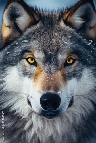 A close-up photograph of a majestic wolf in the snowy wilderness. Perfect for nature and wildlife enthusiasts.