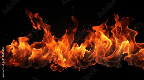 A close-up view of a fire burning brightly against a black background. Suitable for various applications
