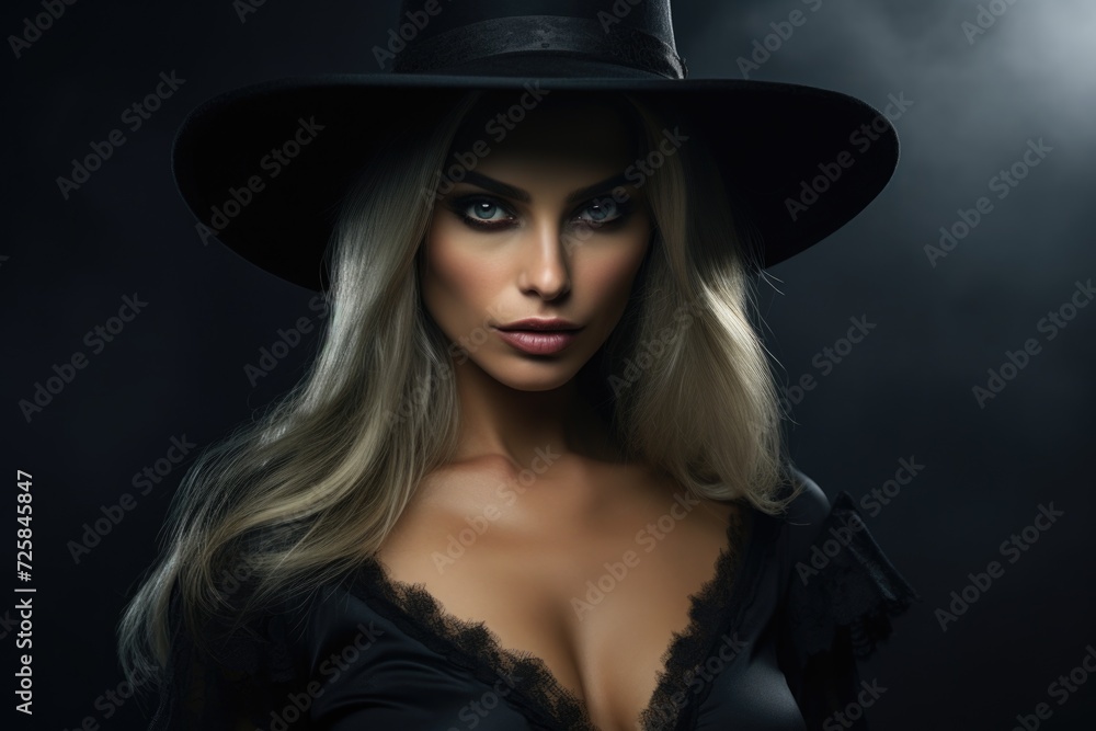 A woman wearing a black hat strikes a pose for a photograph. This image can be used for fashion, portrait, or modeling concepts A woman wearing a black hat strikes a pose for a photograph. This image can be used for fashion, portrait, or modeling concepts