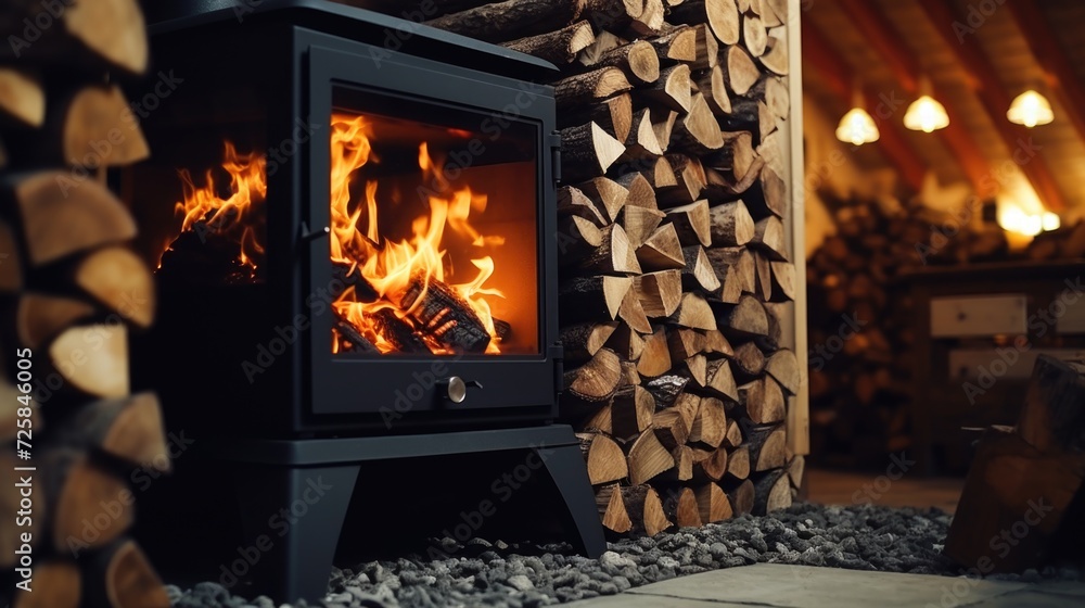 Fototapeta premium A wood burning stove positioned in front of a neatly stacked pile of logs. This image can be used to showcase a cozy and warm atmosphere in a rustic setting