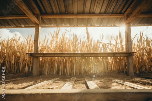 A wooden bench sitting in front of a field of wheat. Ideal for nature-themed designs and outdoor lifestyle concepts © Fotograf