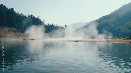 A captivating image of steam rising from a body of water. Perfect for depicting natural phenomena and creating a mysterious atmosphere
