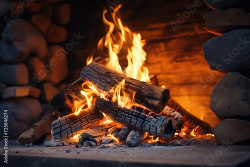 A pile of logs sitting in front of a fire. Perfect for cozy winter scenes or outdoor gatherings