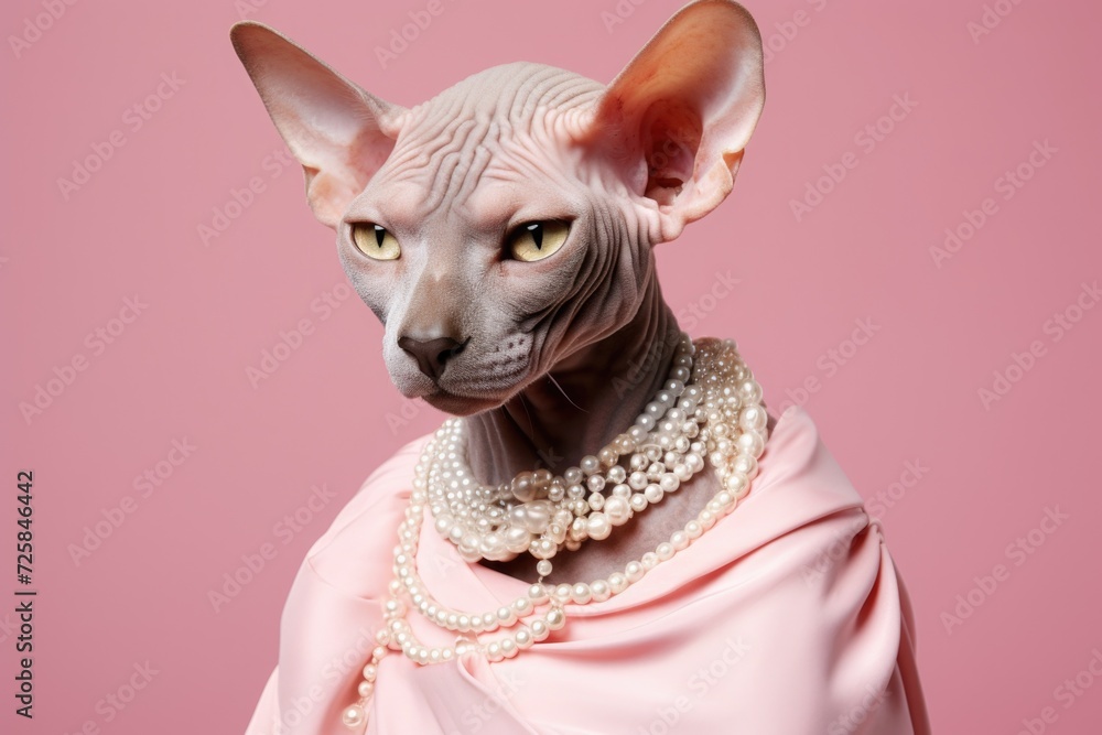 A hairless cat dressed in a pink dress and adorned with pearls. Perfect for humorous or quirky projects
