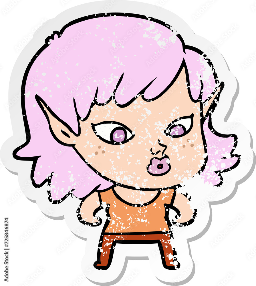 distressed sticker of a pretty cartoon elf girl distressed sticker of a pretty cartoon elf girl