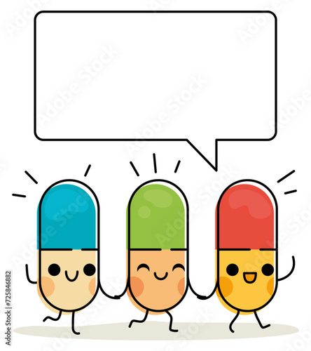 Trois gélules en couleur se tiennent la main et sourient, les personnages expliquent la posologie des médicaments dans une bulle BD, un style joyeux d'illustration avec des personnages heureux