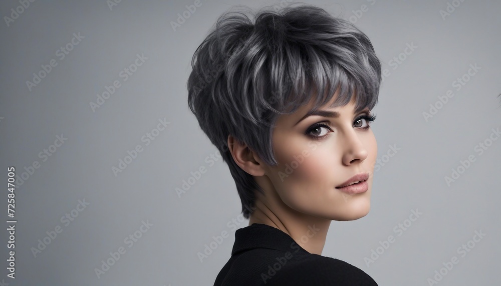 Modern Dimension: Short Pixie Wig with Multidimensional Layers on Gray Background Modern Dimension: Short Pixie Wig with Multidimensional Layers on Gray Background