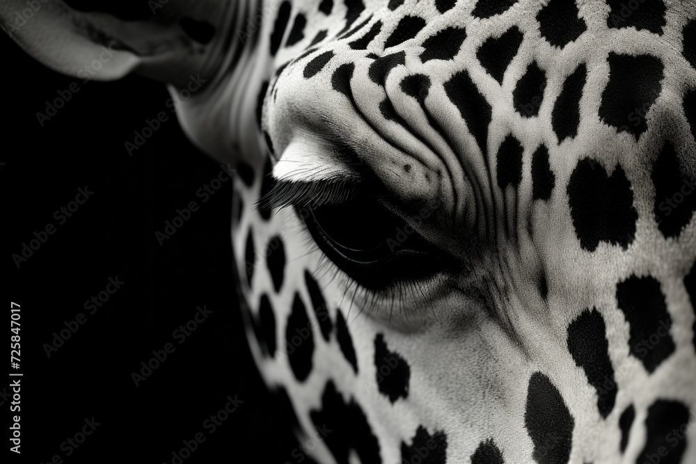 Naklejka premium A close-up photograph of a giraffe's eye, captured in black and white. This image showcases the intricate patterns and details of the giraffe's eye. Perfect for nature enthusiasts and animal lovers