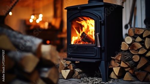 A wood burning stove in front of a pile of logs. Perfect for adding warmth and coziness to any room. photo