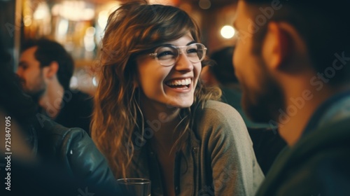 A woman with glasses is smiling and holding a glass. This versatile image can be used to depict happiness, celebration, social gatherings, or a toast