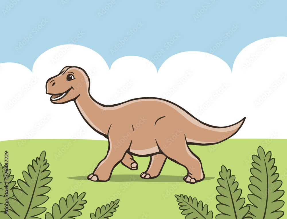 Obraz premium Cute cartoon young dinosaur. Little green dino. Vector illustration. Hand drawn outline