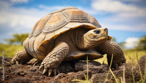 Galapagos Tortoise Turtle Sitting on Rock in Grass