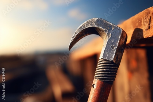 A detailed close-up image of a hammer resting on a piece of wood. This versatile image can be used to illustrate construction, woodworking, DIY projects, or home improvement concepts photo