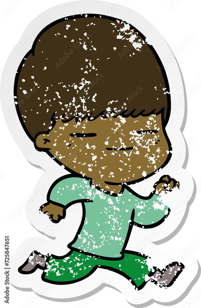 distressed sticker of a cartoon smug boy distressed sticker of a cartoon smug boy