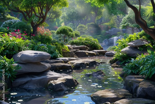 Zen Harmony: Peaceful Garden with Arranged Rocks, Lush Greenery, and Serene Water Features

 #725847610