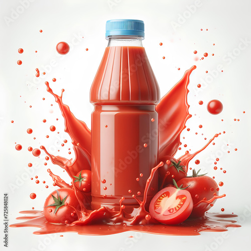 Small plastic tomato juice bottle with red tomato juice splash isolated on white background photo