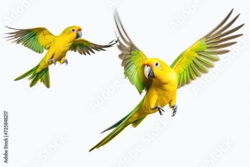 Two yellow and green birds flying gracefully through the air. Perfect for nature enthusiasts or birdwatching enthusiasts