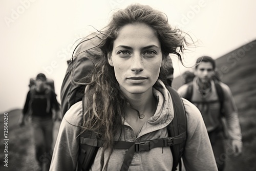 A black and white photo of a woman carrying a backpack. Suitable for travel, adventure, and lifestyle concepts