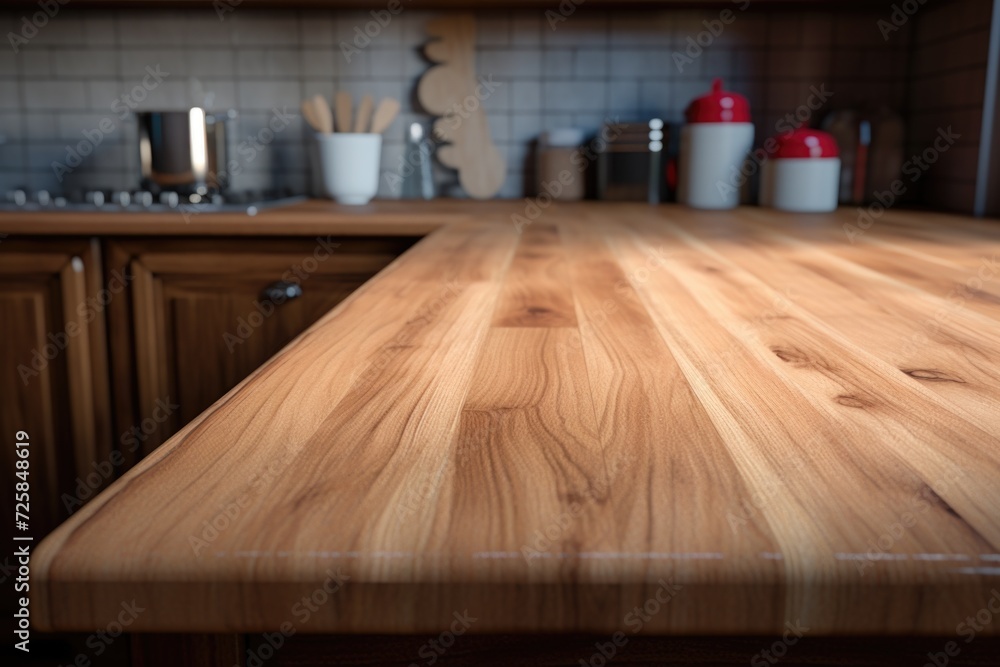 A wooden counter top in a kitchen. Can be used to showcase a warm and inviting kitchen space A wooden counter top in a kitchen. Can be used to showcase a warm and inviting kitchen space