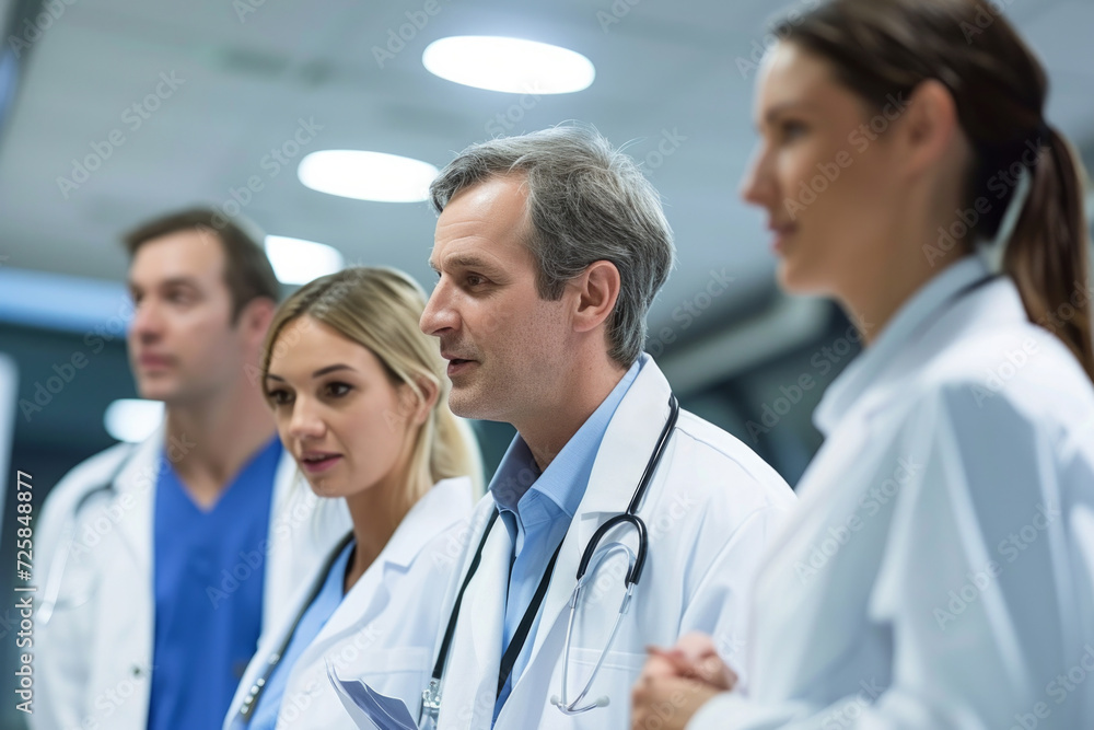 Team of professional males and females doctors in hospital. Indoor. International group of medics. Multi ethnic physicians in gowns and uniforms in clinic. Medical workers. Team of professional males and females doctors in hospital. Indoor. International group of medics. Multi ethnic physicians in gowns and uniforms in clinic. Medical workers.