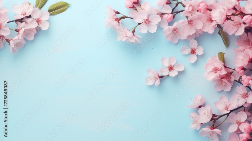 Blue background with pink flowers and leaves. Suitable for various design projects