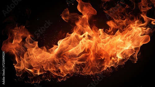 A close-up view of a fire burning on a black background. This image can be used to depict warmth, danger, or energy.