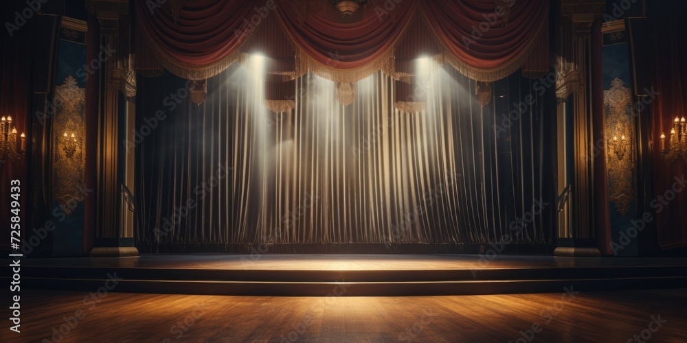 A stage with a curtain and lights. Suitable for theatrical performances or events - obrazy, fototapety, plakaty 