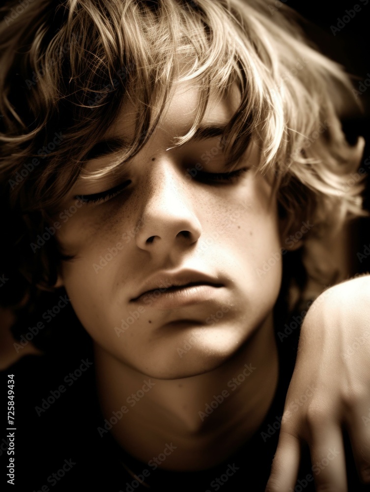 A boy with his head down and his eyes closed. Generative AI. A boy with his head down and his eyes closed. Generative AI.