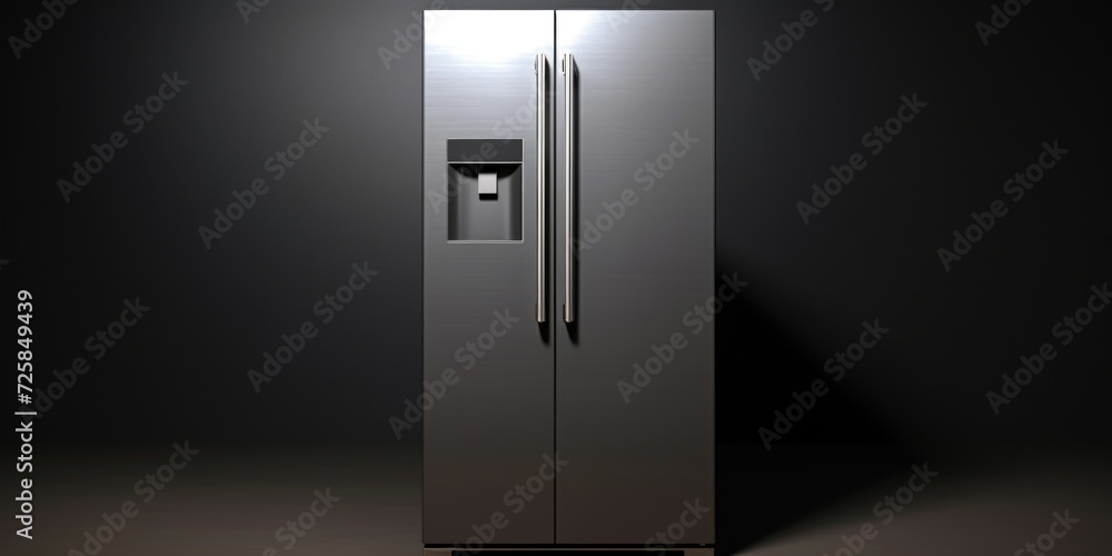 A metallic refrigerator with an open door in a dark room. Ideal for illustrating the concept of food storage or a mysterious setting A metallic refrigerator with an open door in a dark room. Ideal for illustrating the concept of food storage or a mysterious setting