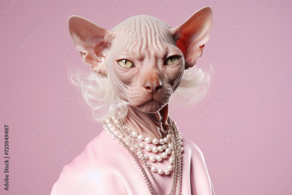 A hairless cat wearing a pearl necklace and adorned with pearls. This unique image can be used to depict luxury, fashion, or even as a symbol of elegance.