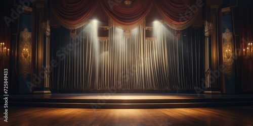 A stage with a curtain and lights. Suitable for theatrical performances or events