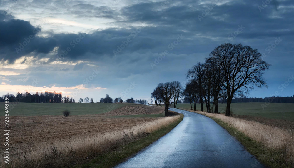 A captivating country road winds through fields and trees, leading to an ominous storm on a dark evening.