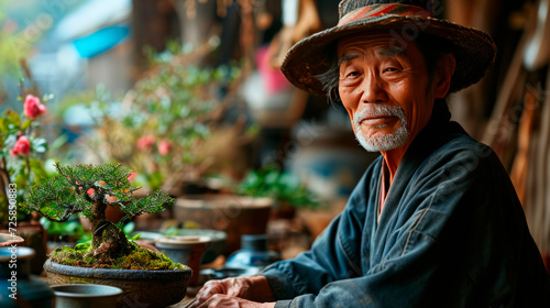 A happy Japanese old man plants bonsai on a table in a typical Japanese house