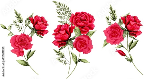 Watercolor Bouquet of flowers, isolated, white background, red roses and green leaves