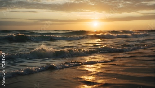Waves lapping gently on the shore at sunset with light reflection. Beach sunset.
