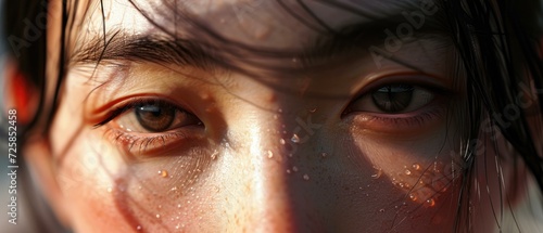A close up of a woman's face with water on her eyes. Generative AI.