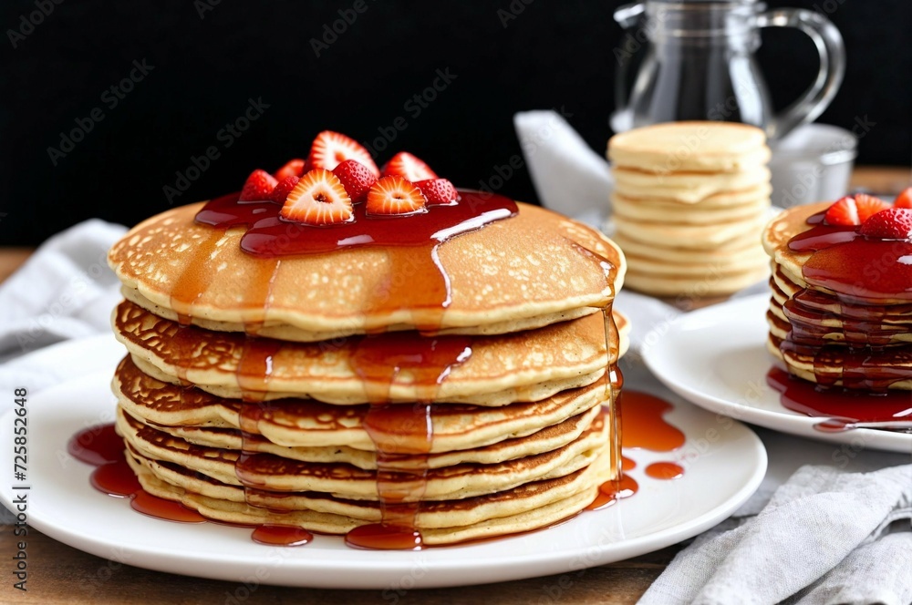 Stack of pancakes with strawberry and apricot jam on a plate Stack of pancakes with strawberry and apricot jam on a plate