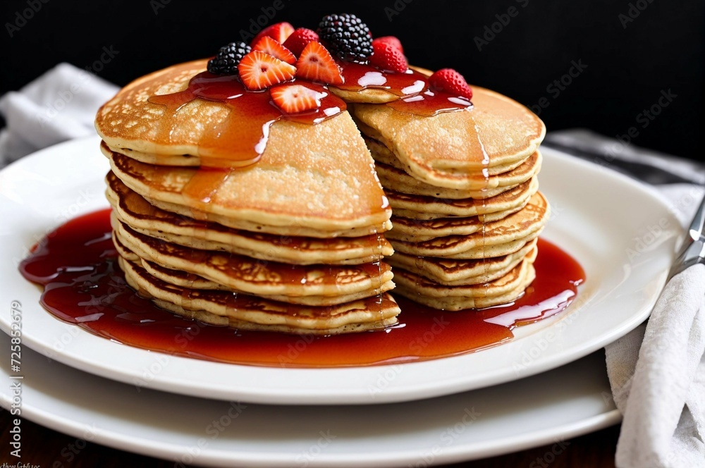 Stack of pancakes with strawberry and apricot jam on a plate Stack of pancakes with strawberry and apricot jam on a plate