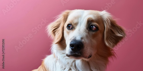 A pensive dog against a soft pink background. Generative AI.