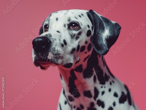 A curious Dalmatian dog gazes up, its spotted coat contrasting against a vibrant background. Generative AI. © serg3d