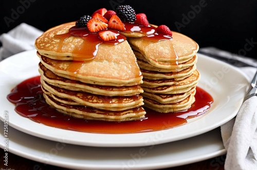 Stack of pancakes with strawberry and apricot jam on a plate