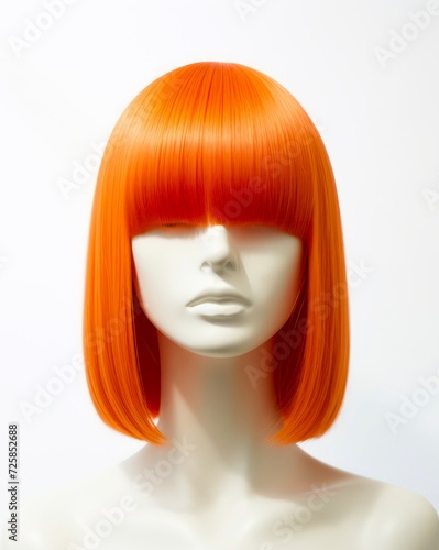 Red hair wig on a woman mannequin on white background. Orange short straight hair on dummy head, front view.