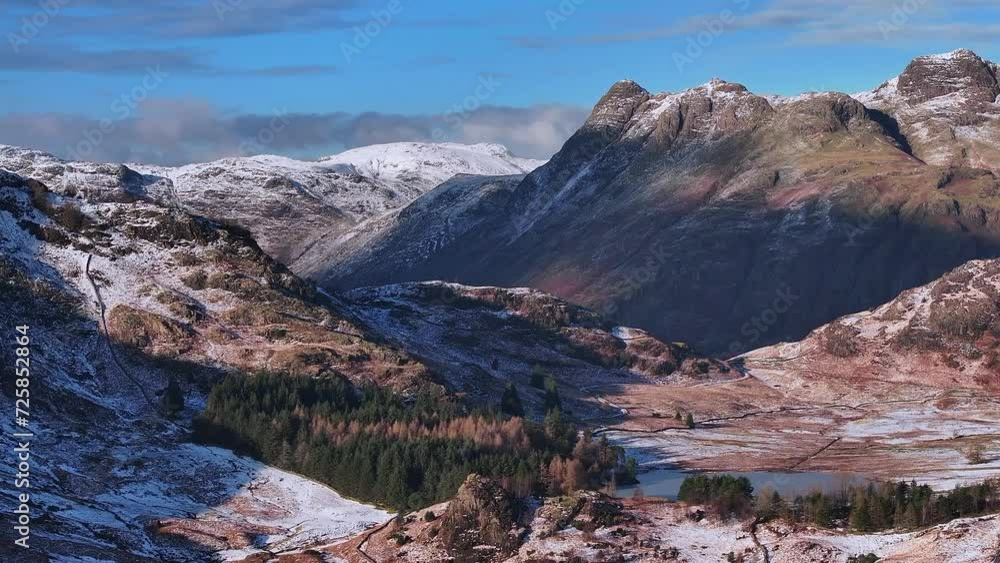 Aerial view over Blea Tarn and the Langdale Pikes, Lake District National Park, Cumbria, England Aerial view over Blea Tarn and the Langdale Pikes, Lake District National Park, Cumbria, England