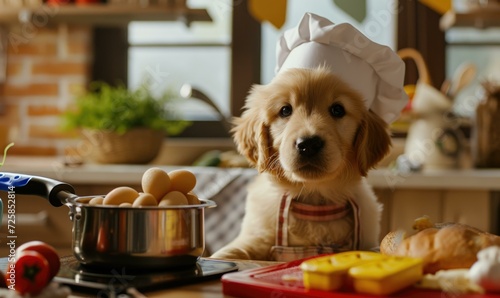 A playful puppy chef sits at a table, surrounded by toy food and kitchen tools, exuding the joy of cooking. Generative AI.