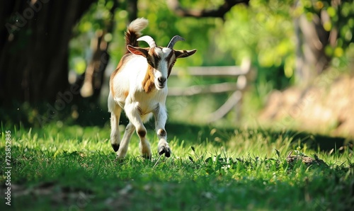 A playful goat leaps through a sunny meadow, embodying the carefree essence of nature. Generative AI. © serg3d