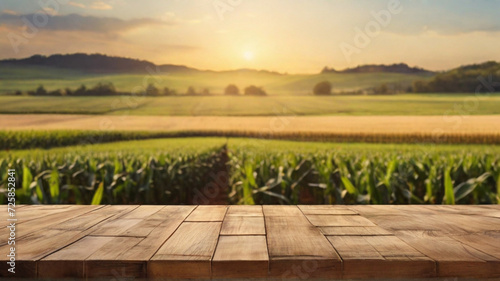 Rustic wooden table with view of agricultural fields scene in the background