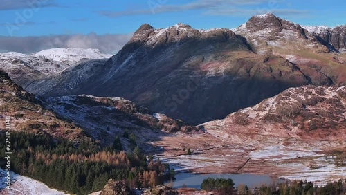 Aerial view over Blea Tarn and the Langdale Pikes, Lake District National Park, Cumbria, England