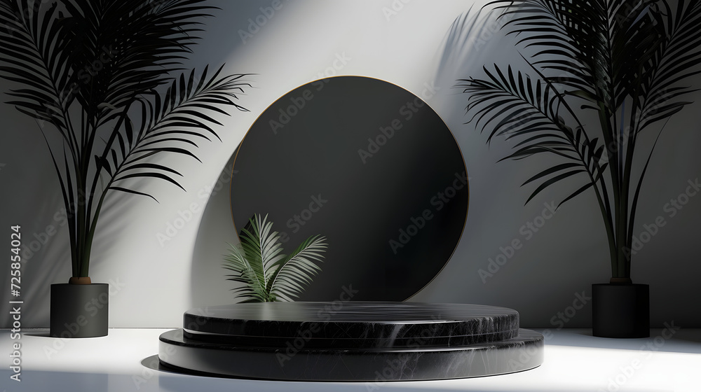 Round black marble podium and palm leaf, Abstract minimal geometric background, Aesthetic summer dais and shadows on the wall, 3D Modern design for product showcase, 