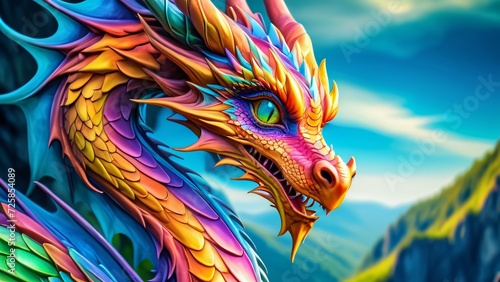 Abstractly magical  a colorful Dragon dances in an unbelievably fantastical 3D  wonderfully inspiring rich colors on a bright background.